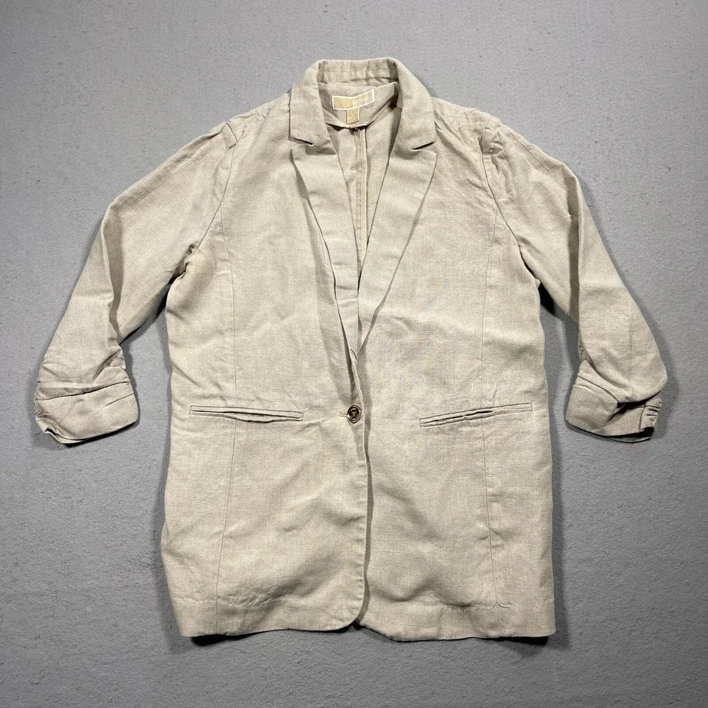 Michael Kors Linen Blazer Women 10 Regular Ruched Sleeve Beige Minimalist Summer